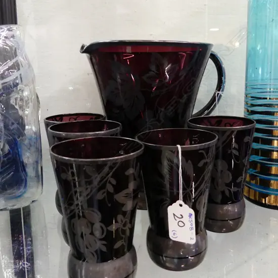 SILVER OVERLAY GLASS JUG & 5 GLASSES