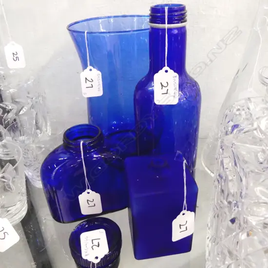 5 BLUE GLASS VASES/BOTTLES