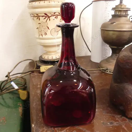 HAND BLOWN GLASS DECANTER AND POTTERY PLATE