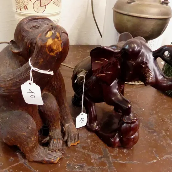 CARVED WOODEN MONKEY +ELEPHANT