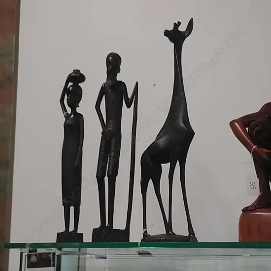 3 AFRICAN ORNAMENTS, MAN, WOMAN, GIRAFFE (A/F)
