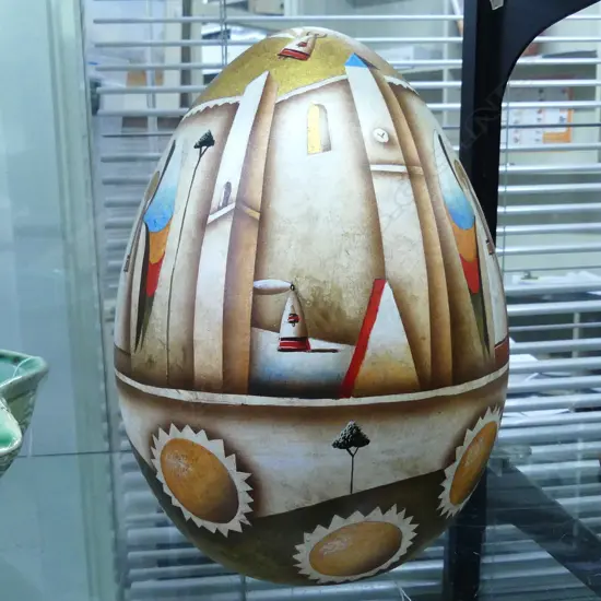 LG CERAMIC PAINTED ART EGG, SIGNED/DATED