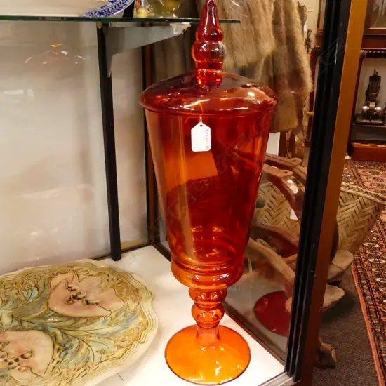 LG 1970'S ORANGE GLASS  LIDDED VASE