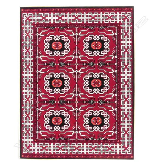 A hand embroidered framed panel depicting a Baluchi rug design