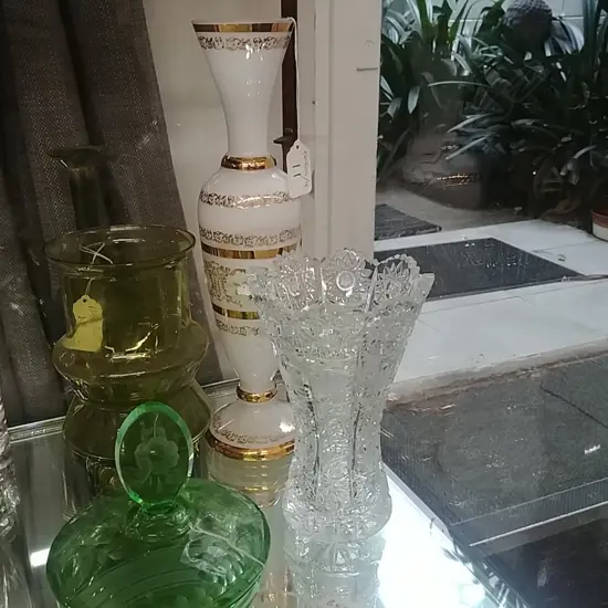 HAND PAINTED GLASS VASE + CUT CRYSTAL VASE