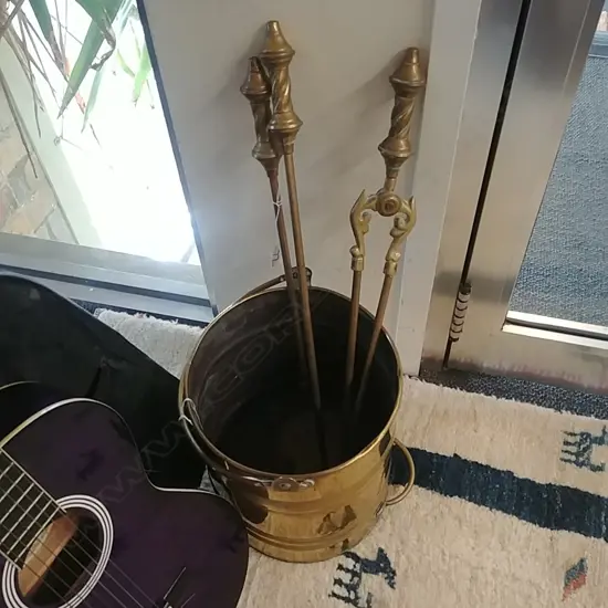 BRASS FIRE IRONS+COAL BUCKET
