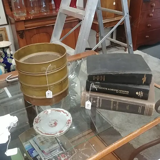 BRASS SIEVE + FEEDS BOOKS
