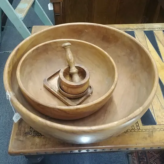 2 LARGE WOODERN BOWLS ETC