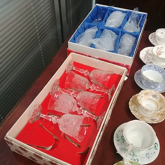 2 BOXED SETS BOHEMIA CUT CRYSTAL GLASSES