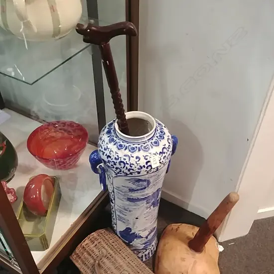 TALL BLUE AND WHITE VASE AND WALKING STICK