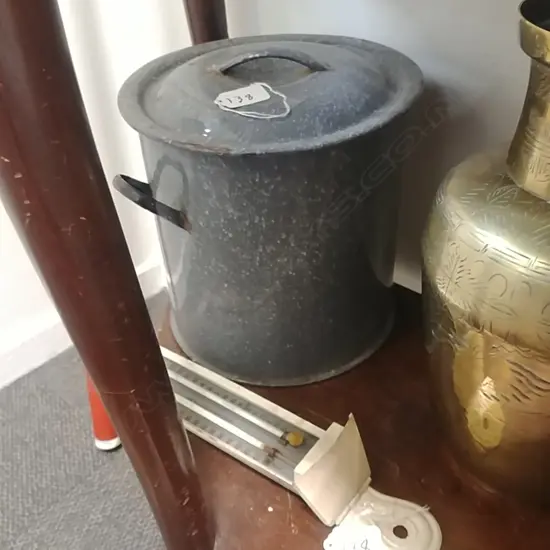 ENAMEL LIDDED PAIL & THERMOMETER