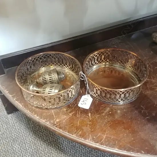 PR SHEFFIELD PLATE WINE COASTERS & SALT PEPPER