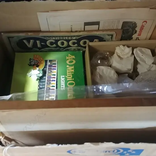 BOX LOT CHRISTMAS LIGHTS CANDLEHOLDERS ETC