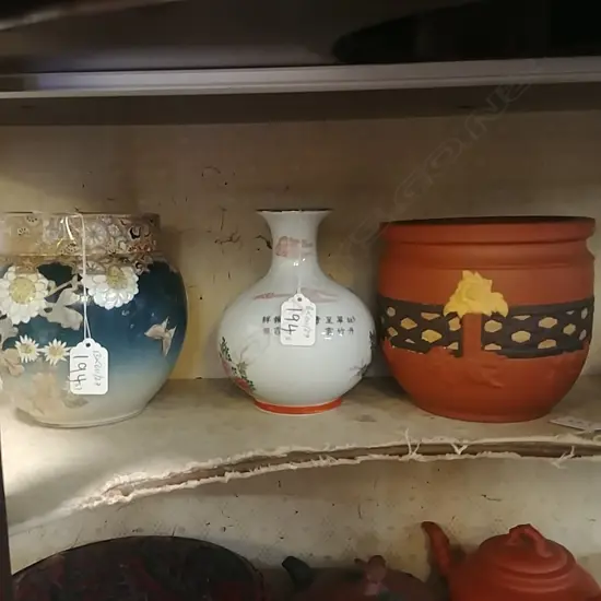 2 ORIENTAL JARDINIERES + VASE