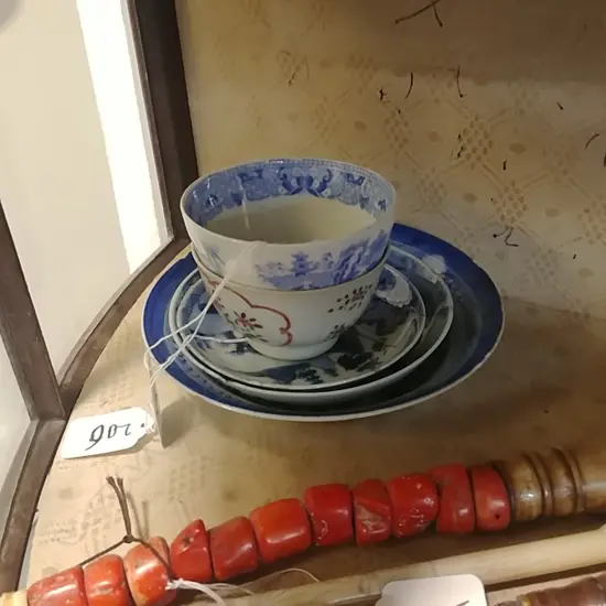  2 19THC TEA BOWLS+ 3 DISHES A/F