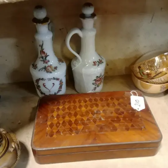MARQUITRY BOX & 2 MILK GLASS STOPPERED BOTTLES