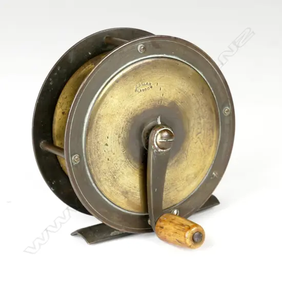 A late 19thC brass 3½" x 1¼" plate fishing reel