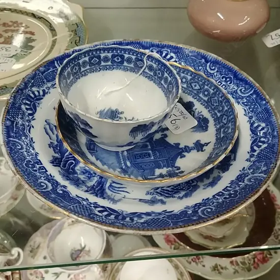 WILLOW PATTERN TEA BOWL,SAUCER+PLATE