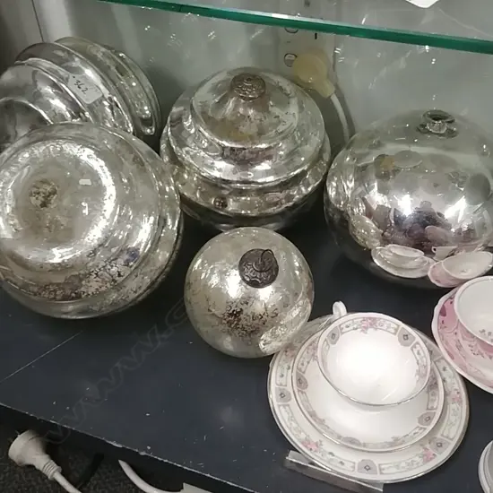 5 VINTAGE SILVER GLASS DECORATIONS