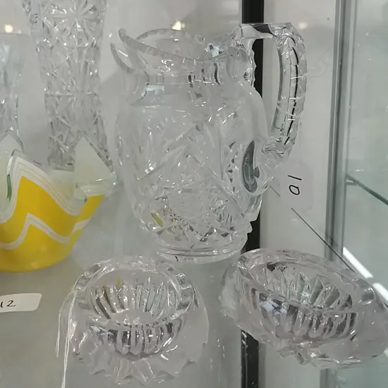 ANTIQUE CRYSTAL JUG & PR SALTS