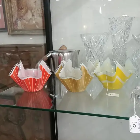 3 COLOURED GLASS HANDERCHIEF VASES