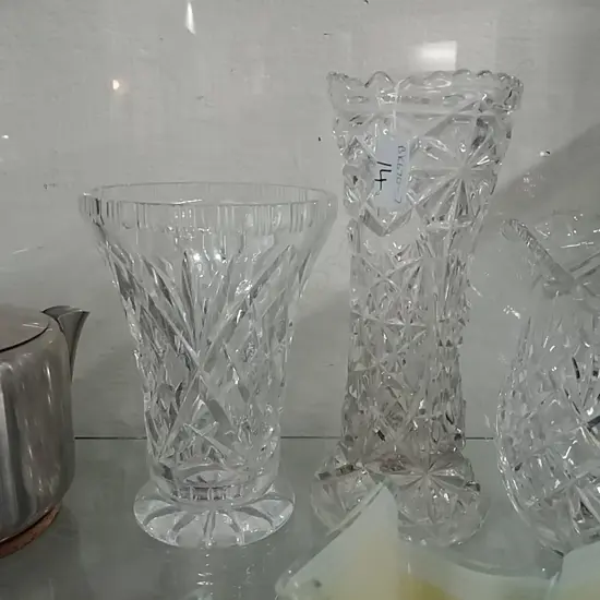 CRYSTAL VASE AND PRESSED GLASS VASE