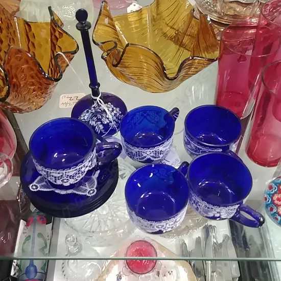 5 BRISTOL BLUE GLASS C/S & PERFUME BOTTLE