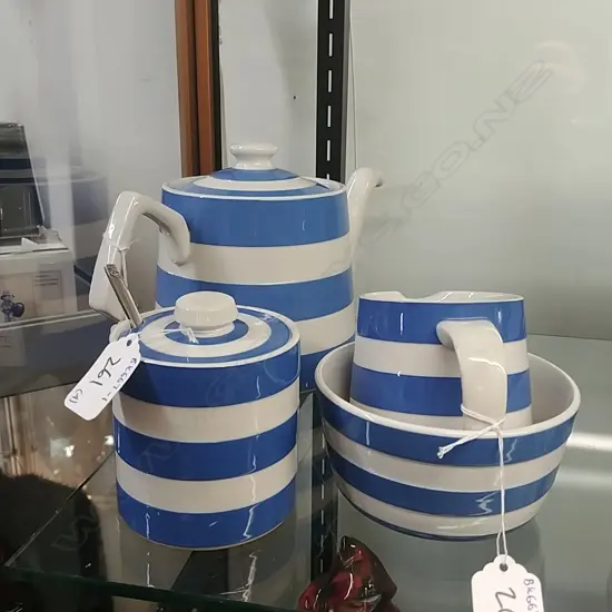 CORNISHWARE TEAPOT, MILK, SUGAR & BOWL