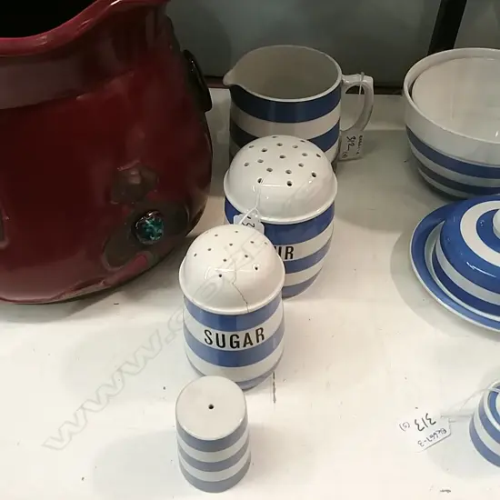 CORNISHWARE FLOUR SHAKER, PEPPER, JUG & SUGAR CANNISTER (A/F) 