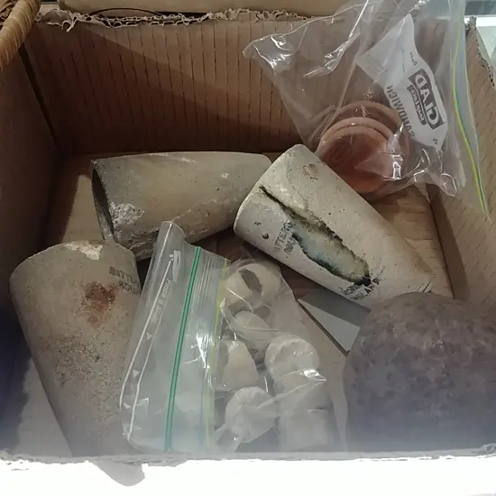 3 ANTIQUE GOLD CRUCIBLES, 9 CUPELS; IRON ORE CRUSHING BALL & 3 SML EARTHENWARE DISHES