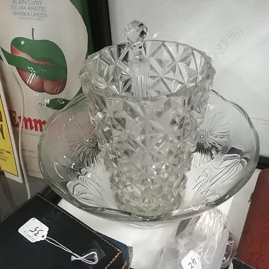 LARGE GLASS VASE, BOWL & DECANTER