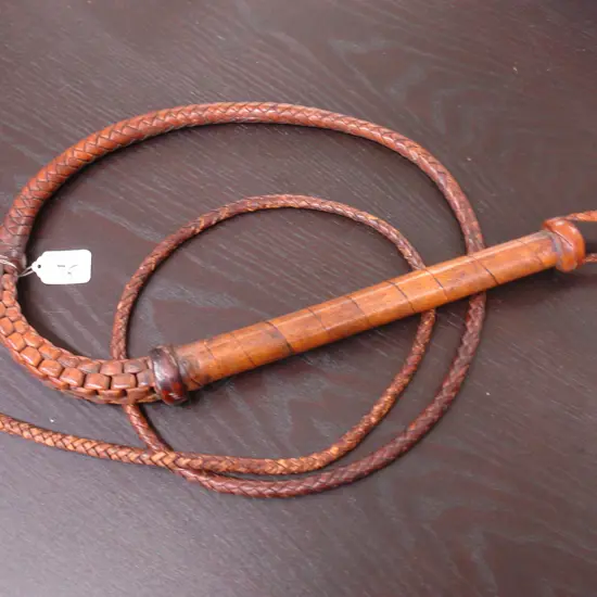 VINTAGE PLAITED LEATHER STOCK WHIP