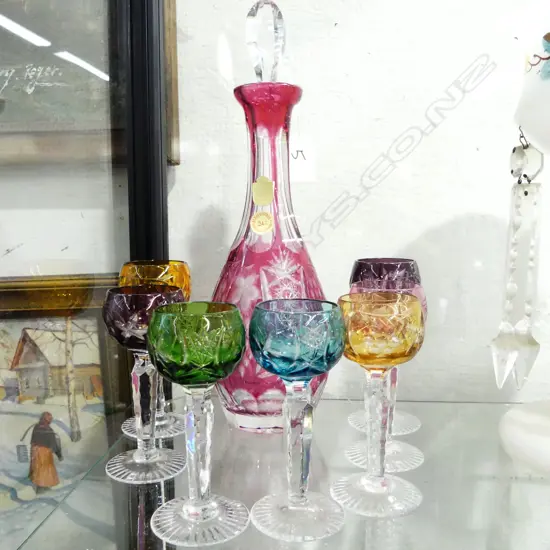 BOHEMIAN GLASS DECANTER & 7 GLASSES