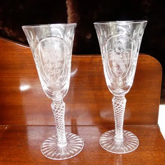TWO CASED R.D CRYSTAL COMMEMORATIVE WINE GLASSES