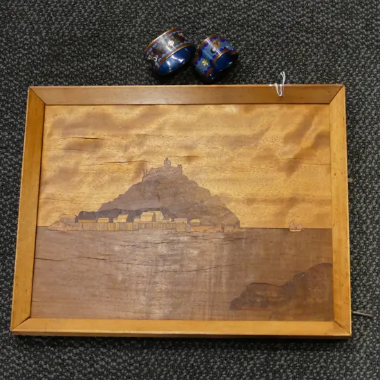 MARQUETRY TRAY ISLAND SCENE + 2 CLOISONNE RINGS