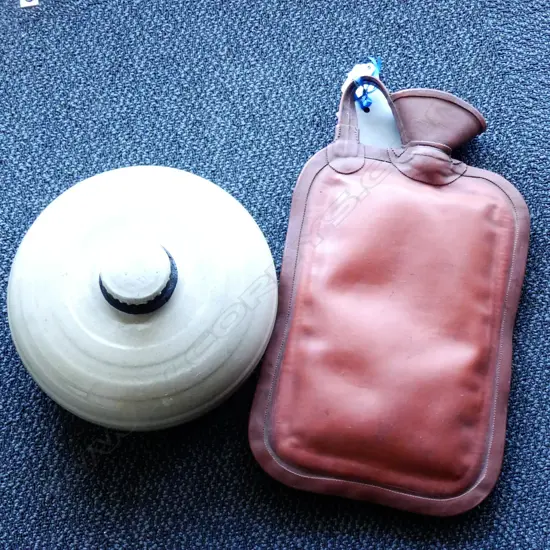 BED-WARMER BY TEMUKA POTTERY, AND A 1940s RUBBER HOT WATER BOTTLE