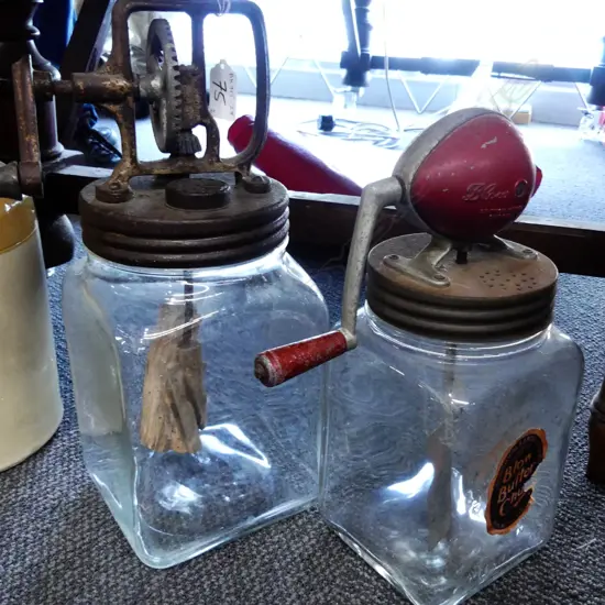 2 GLASS BUTTER CHURNS, MADE IN ENGLAND. BLOW MODELS 3/30 AND 2/20. 3 & 2 IMPERIAL QUARTS