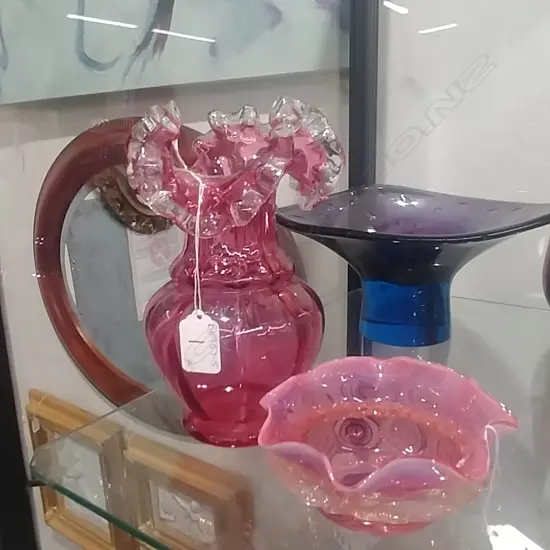 CRANBERRY VASE AND DISH