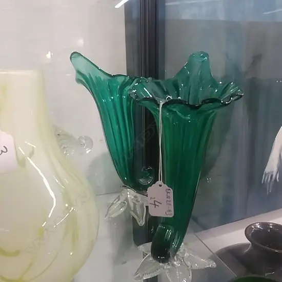 2 GREEN GLASS VICTORIAN VASES