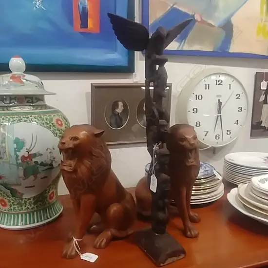 2 WOOD CARVED LIONS + TALL CARVED FIGURE STACK