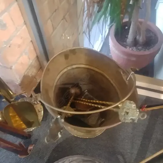 BRASS COAL SCUTTLE & FIRE TOOLS