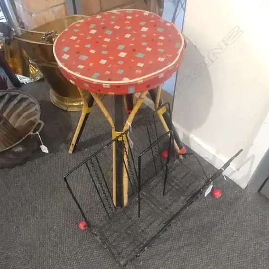 1950-60S STOOL & METAL MAG RACK