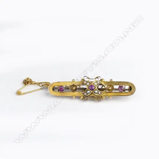 ANTIQUE 9CT GOLD TOURMALINE & SEED PEARL BROOCH