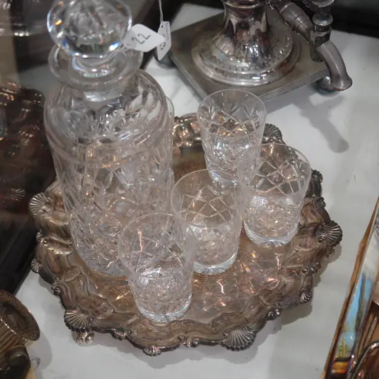 CRYSTAL DECANTER & GLASSES ON EP TRAY