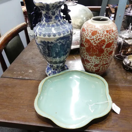 2 ORIENTAL VASES+ DISH