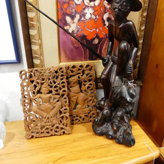 LARGE WOODEN BALINESE STATUE, 2 WOODEN STANDS