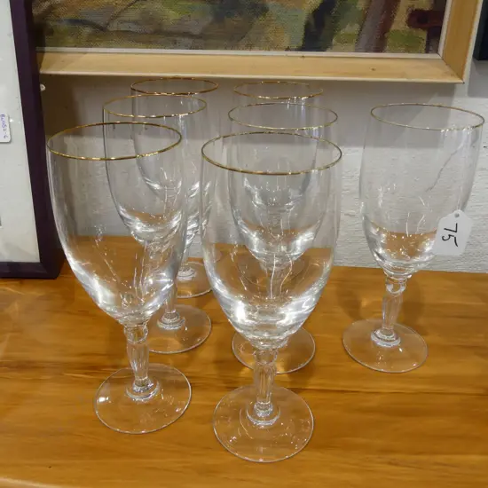 7 W/FORD CRYSTAL WINE GLASSES LGE. GLD RIM