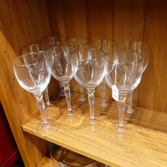9 WATERFORD CRYSTAL WINE GLASSES MED GOLD RIM