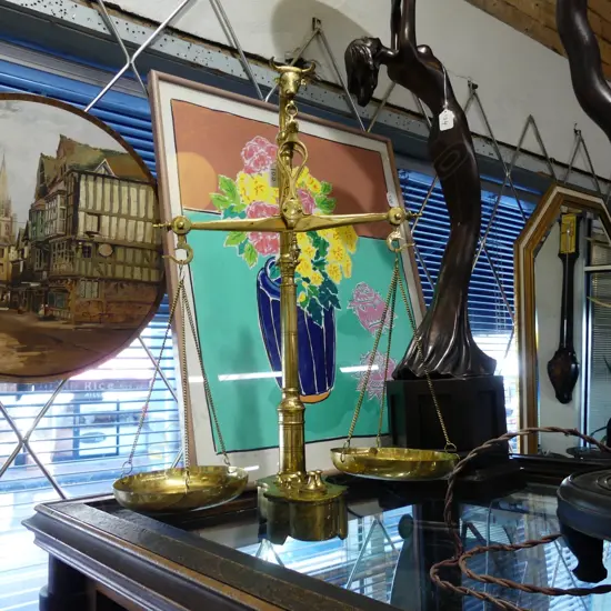 IMPRESSIVE SET OF LG BRASS SCALES 2/ WEIGHTS