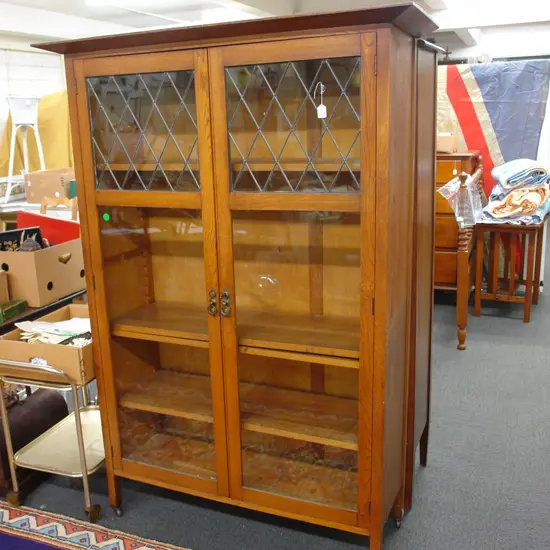 OAK 1920'S TALL DISPLAY CABINET LEAD LIGHT